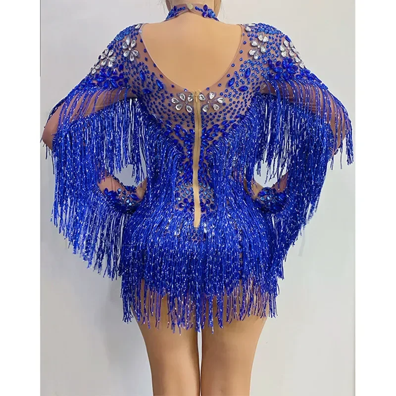 Blauw Rode Strass Transparante Fringe Mouw Bodysuit Nachtclub Bar Danser Team Zanger Sexy Party Verjaardag Stadium Rave Wear