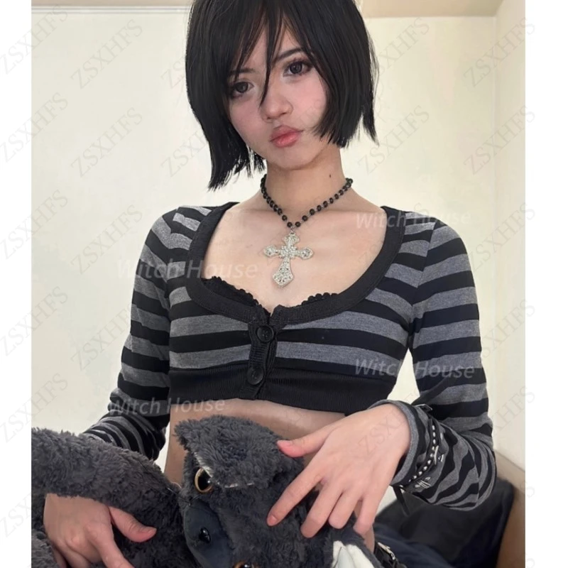 Y2K 빈티지 레이스 풀오버 섹시 하라주쿠 크롭탑 스트라이프 긴팔 캐주얼 슬림 핫걸 티셔츠 스웨트셔츠 에스테틱 탑