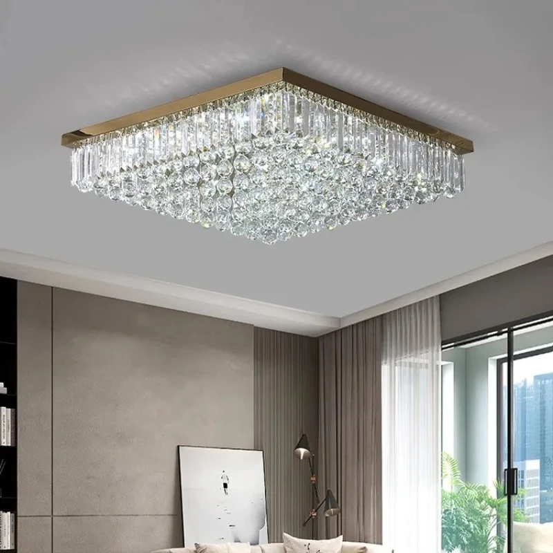 Modernl Gold Square/rotundity Stainless Steel Base Ceiling Light Crystal Lampshade Living Room