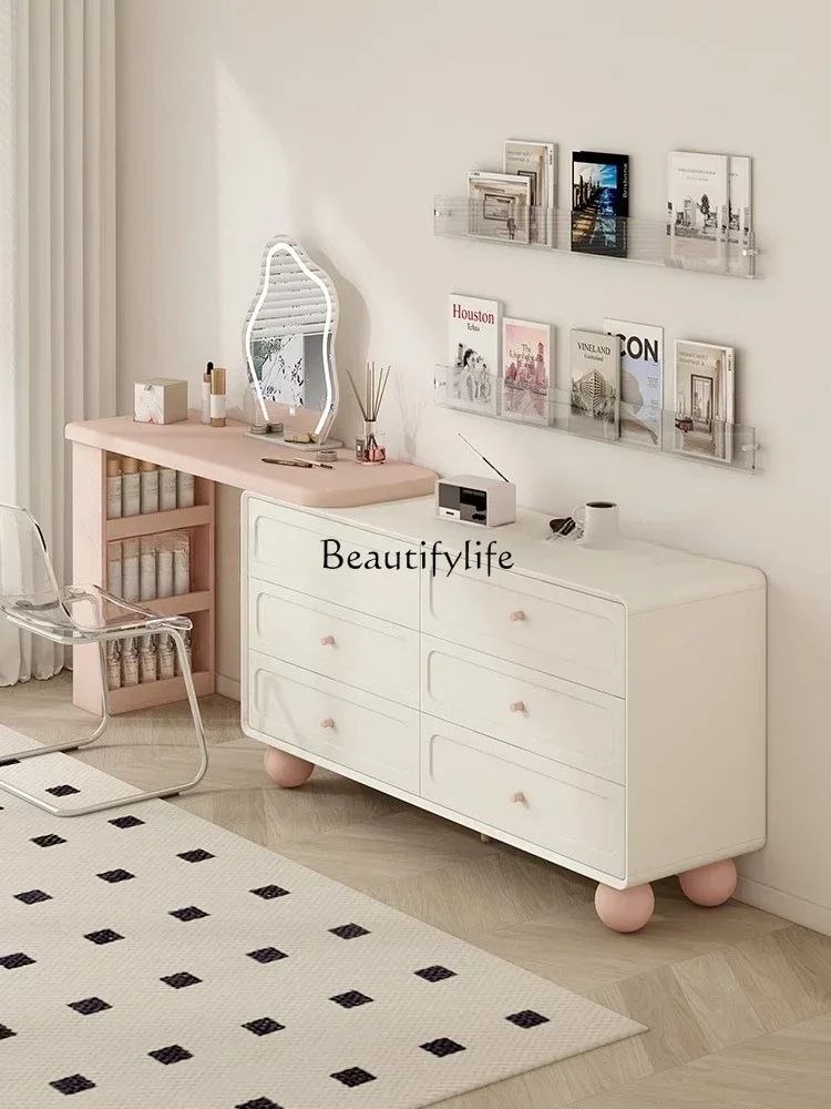 D06Cream Style Color-Block Makeup Table Bedside Extendable Integrated Vanity Table Customization