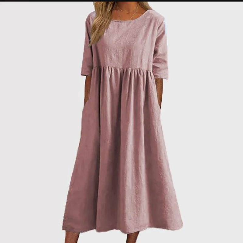 Elegant Dress O-Neck Half Sleeve Cotton Hemp Pleated Dress 2023 New Summer Women\'s Casual Loose Comfortable Vintage Long Dress