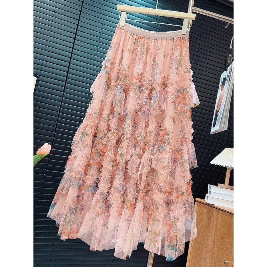 Floral Printed Layered Dert Skirt Vestido A-line f-length Women's Heavy-du Floral Swirly Tulle Petticoat Skirt Net