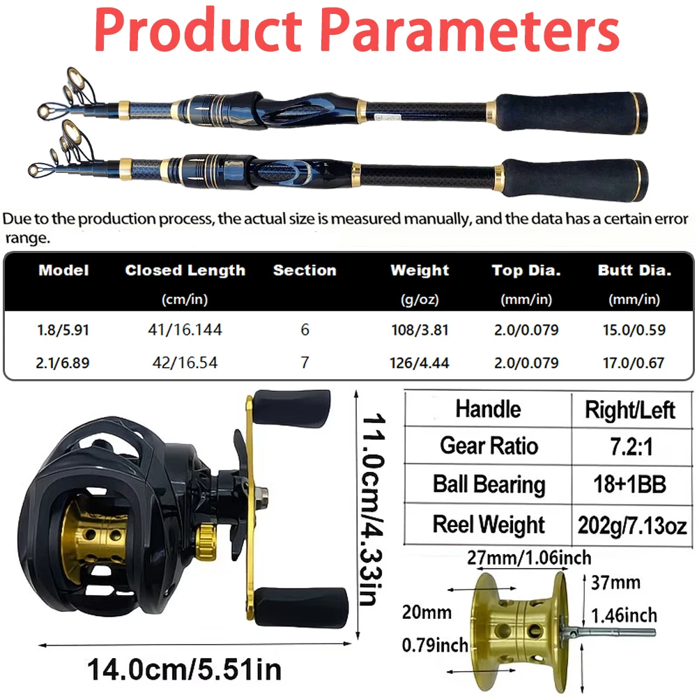 Combo de pesca telescópico – Caña de fibra de carbono + carrete baitcasting - imagen 2