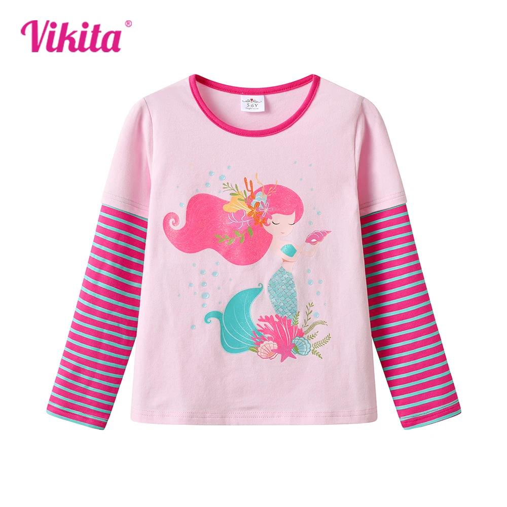 

VIKITA 2025 New Children Clothing Kids O Neck Pink Long Sleeve T Shirts Girls Mermaid Print Cartoon Striped Cotton Casual Tees