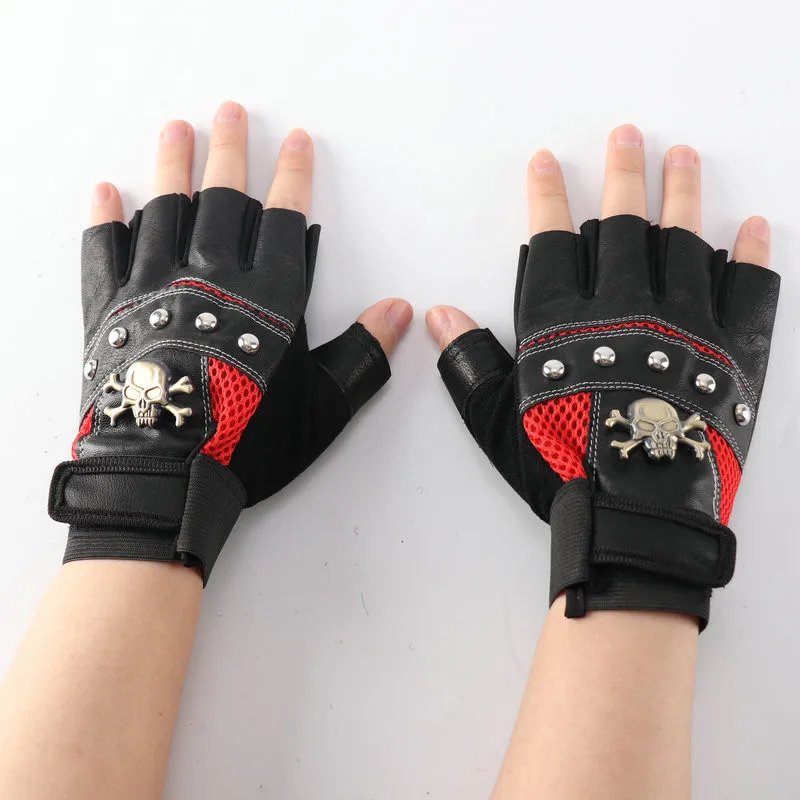 Pu Half-finger Leather Gloves Men's Four Seasons Mountaineering Riding Tactics Personality Skull Rivet Fitness Protective Gloves