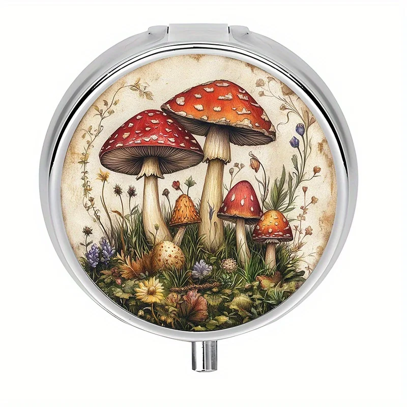 1 box with 3 compartments, mushroom fairy tale forest scene, container, storage and organization, decorative metal storage box, used for storing medication and vitamins