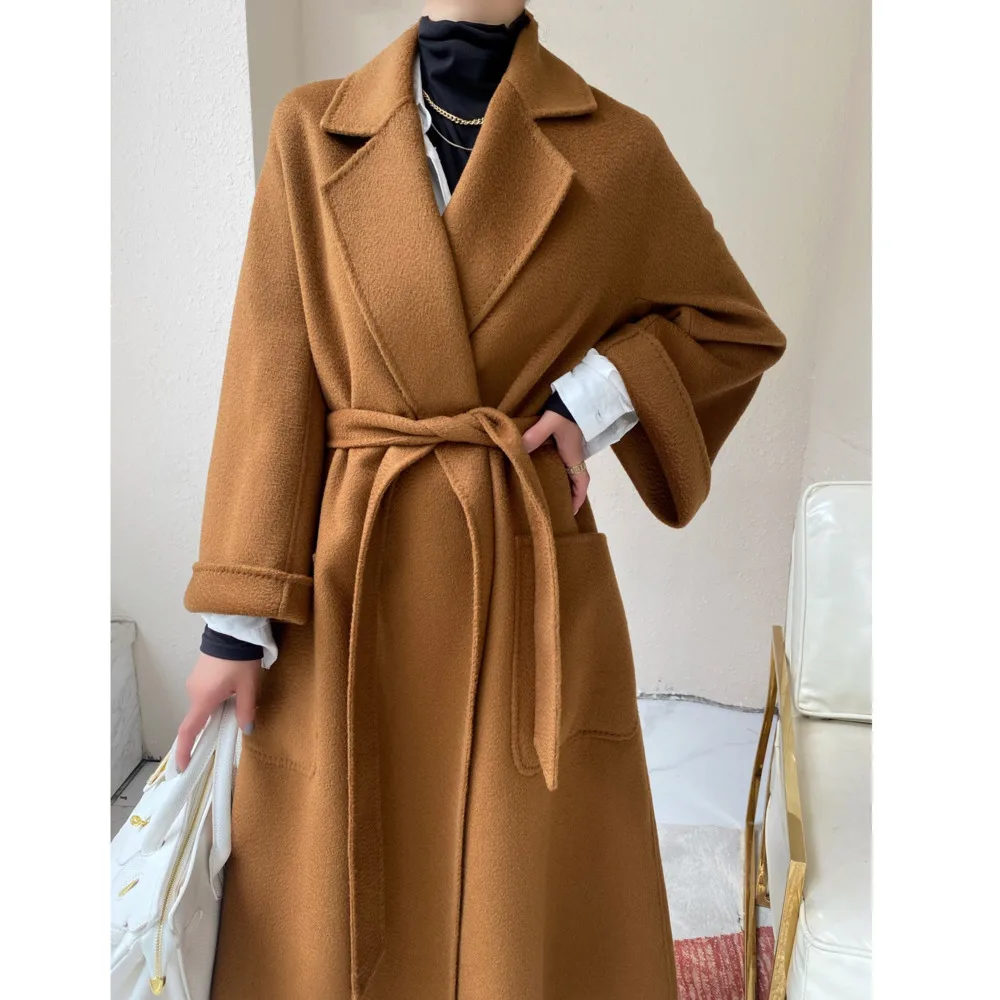 Autumn And Winter New Women's Plus Long Lace-up Coat Solid Color Handmade Loose Nightgown Wool Coat Cloak