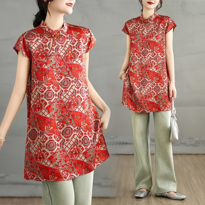 

2025 traditional chinese vintage blouse national flower print stand collar blouse oriental improved qipao ethnic folk blouse