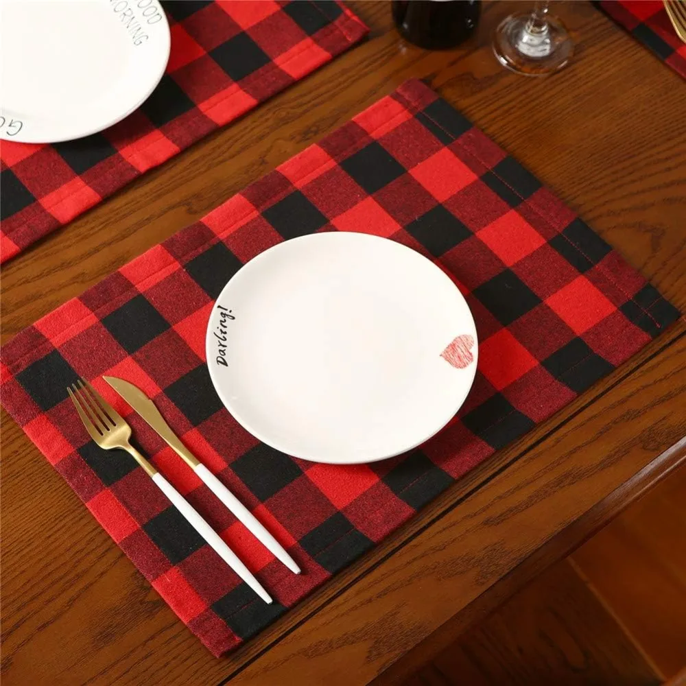 

Christmas Buffalo Plaid Placemats Set of 4, Polyester & Burlap Reversible Red and Black Buffalo Check Place Mats