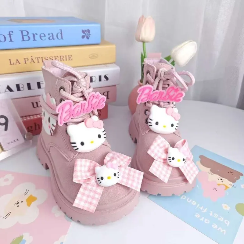 

Kawaii Hello Kitty Sanrio, студенческие удобные теплые ботильоны с милыми героями мультфильмов, детские нескользящие и водонепроницаемые ботинки, обувь для детей