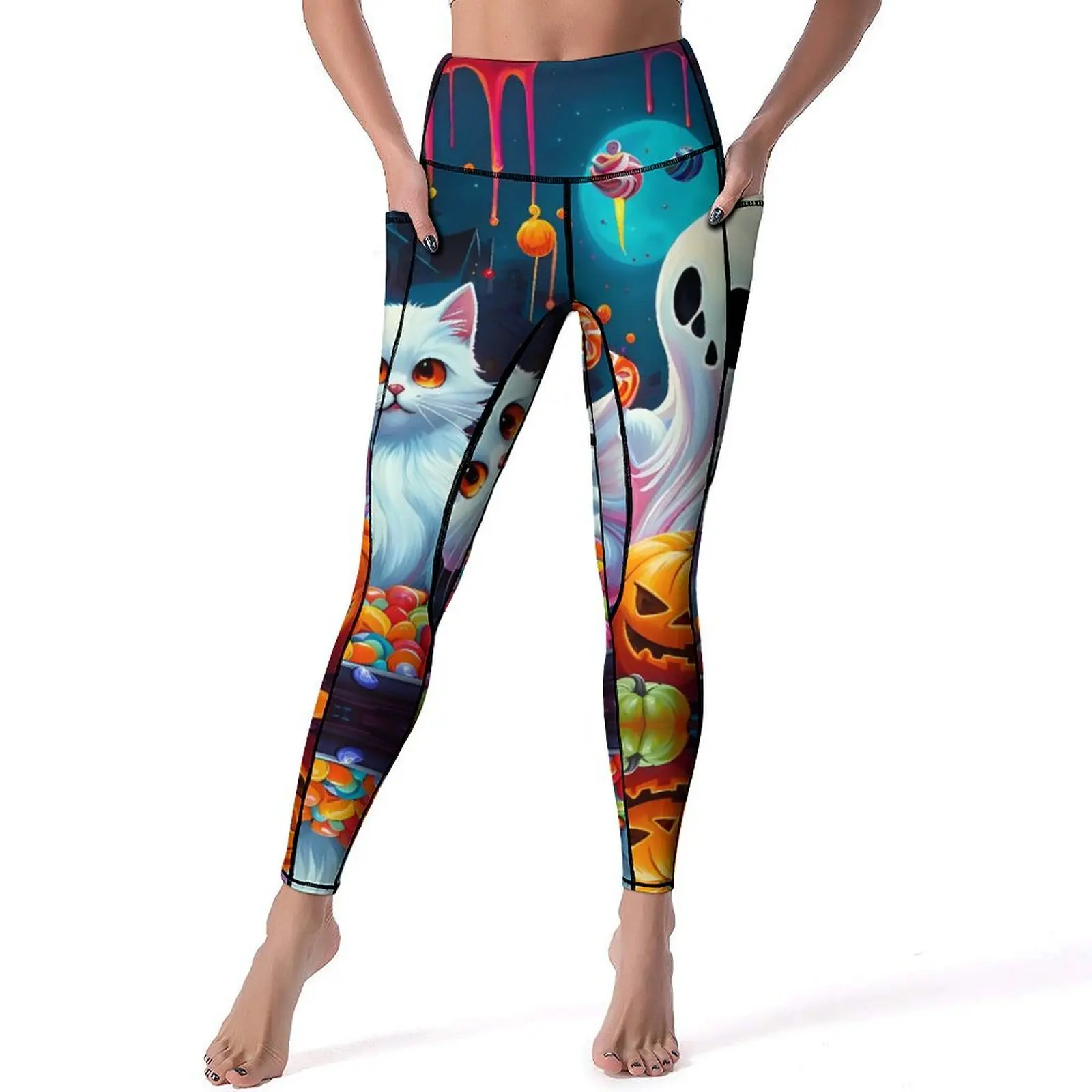 Pumpkins Ghost Kitten Leggings Sexy Happy Halloween Push Up Yoga Pants Breathable Stretch Leggins Fitness Running Sport Legging