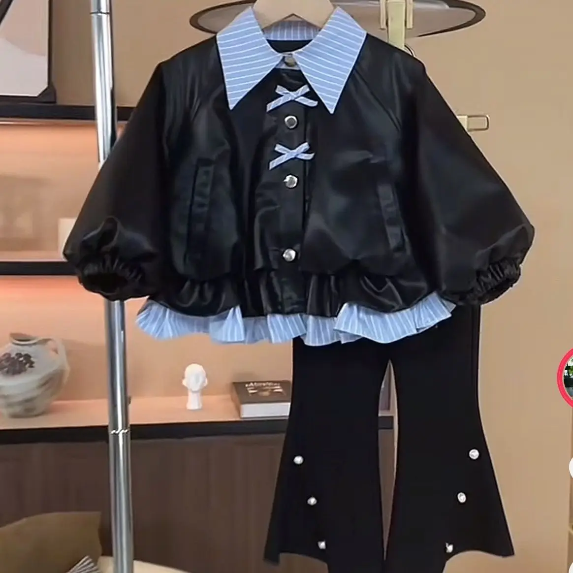 Girls' Autumn New Leather Jacket Set, Foreign Style Two-piece Casual Jacket, Jacket and Pants Two-piece Trendy Set