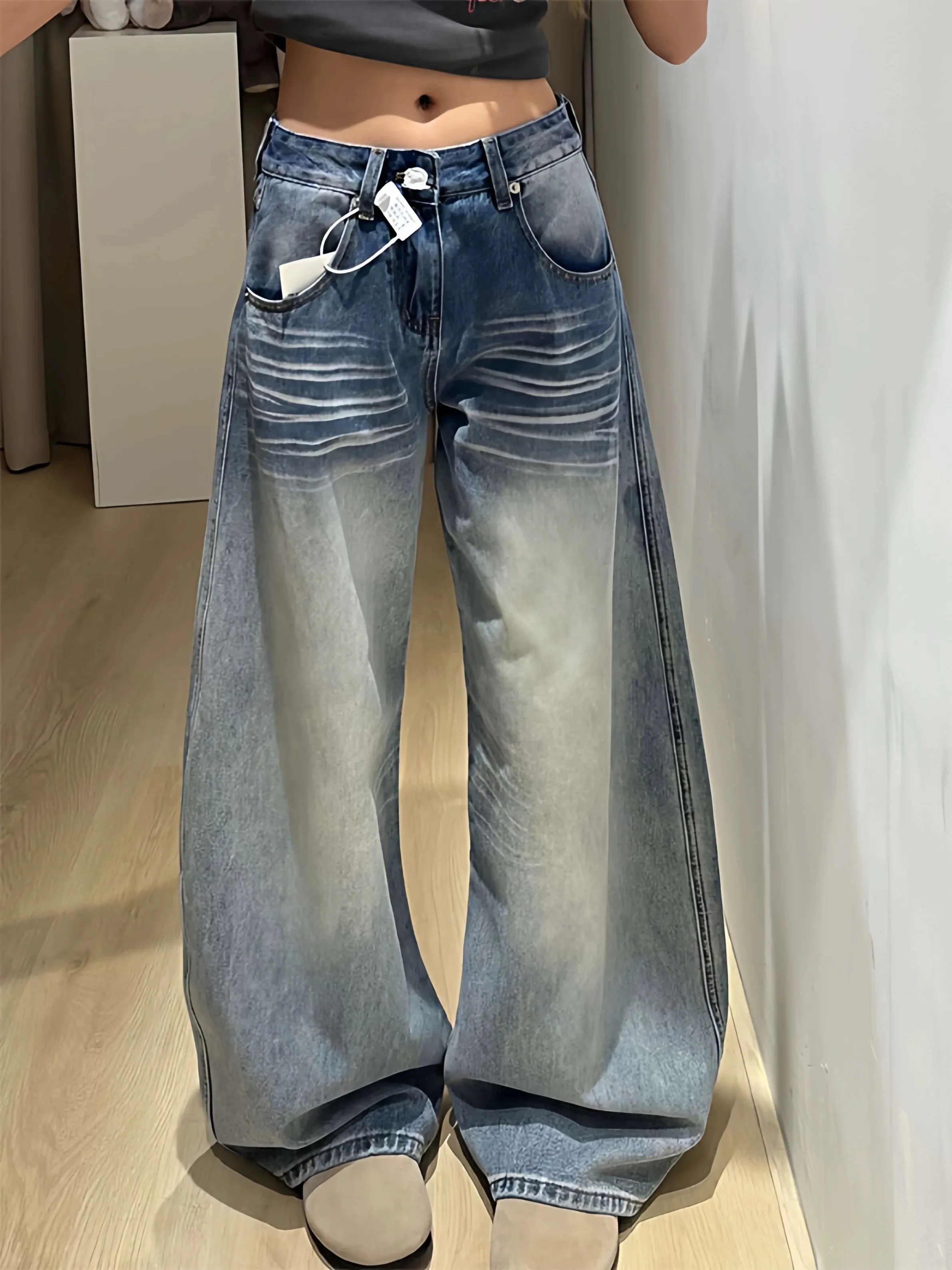 

Y2K Curved Knife Jeans Women American Washed Wide Leg Pants Design Sense Three Dimensional Cat Whiskers Loose Denim Floor