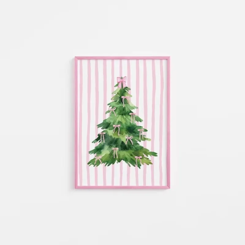 Multiple sizes 1pc frameless Canvas Painting Coquette Christmas Tree Wall Art, Trendy Pink Christmas Prints, Girly Holiday Wall