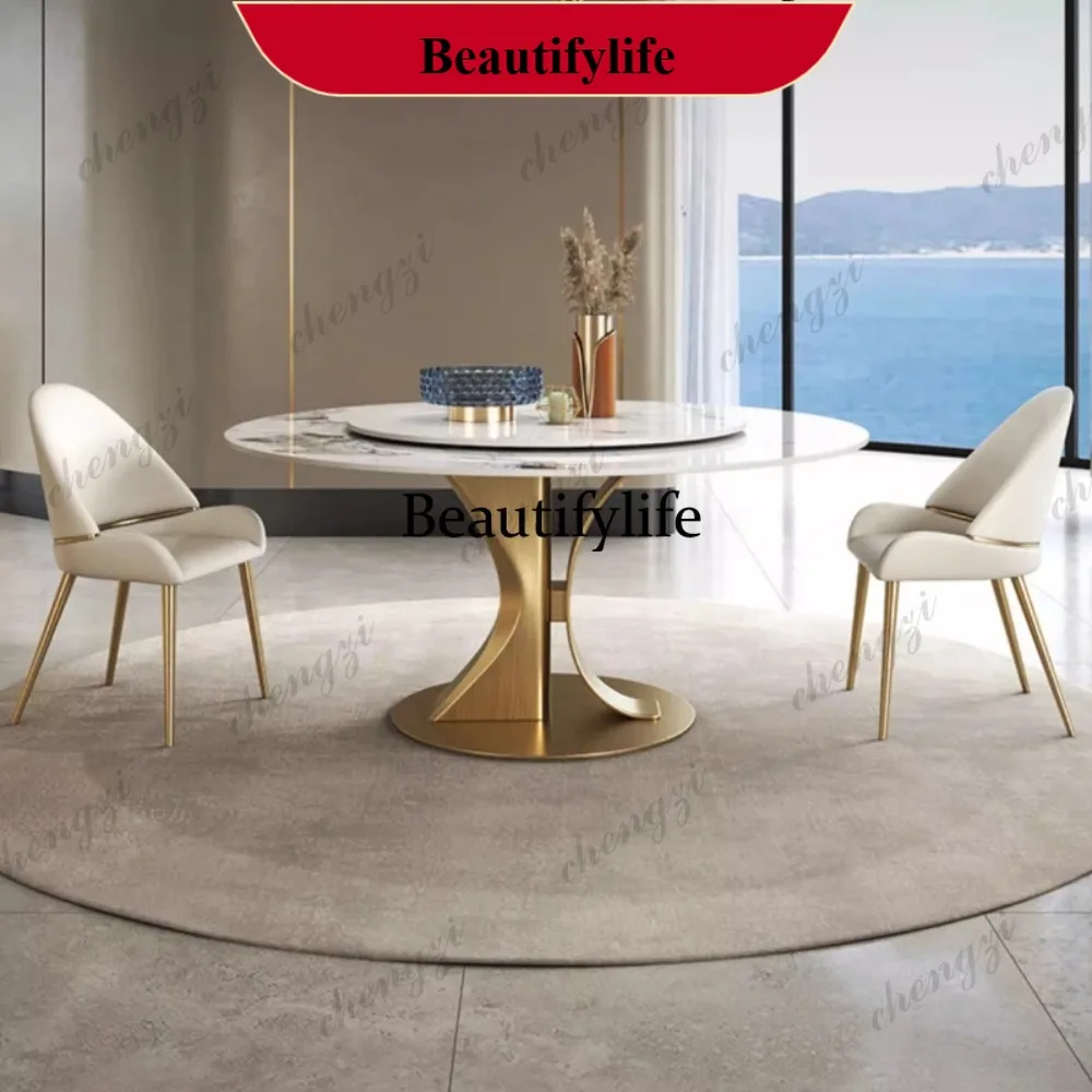 Juego de Mesa de Comedor Redonda de Lujo D178 con Tablero de Mármol, Muebles Mesa Posta, Base de Acero Inoxidable Dorado, Diseño de Autor