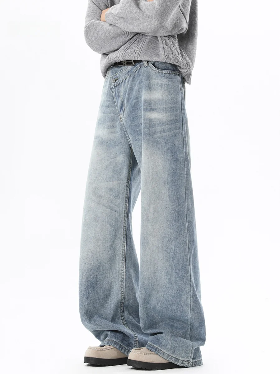 

Мужские джинсы свободного кроя в американском стиле с косой застежкой на пуговицах, прямые брюки с эффектом потертости, в стиле High Street, длинные брюки для осени