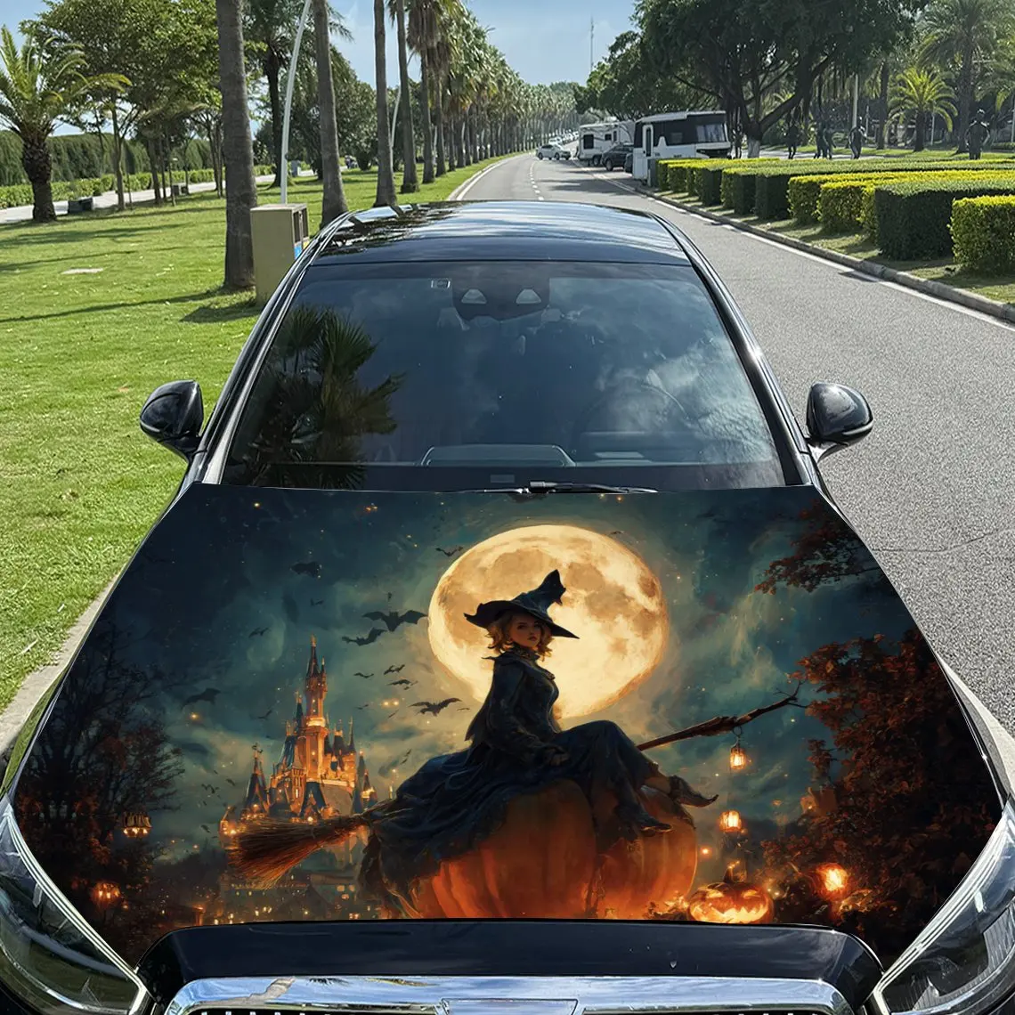 

Witch on the Pumpkin Under the Moon Car Vinyl Wrap, PVC Material Waterproof Car Hood Sticker, Self-Adhesive Scratch-Resistant St
