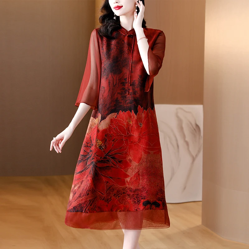 2024 Summer Red Silk Floral Luxury Wedding Dress Chinese Style Short Sleeve Loose Dress Women Korean Vintage Elegant Party Dress