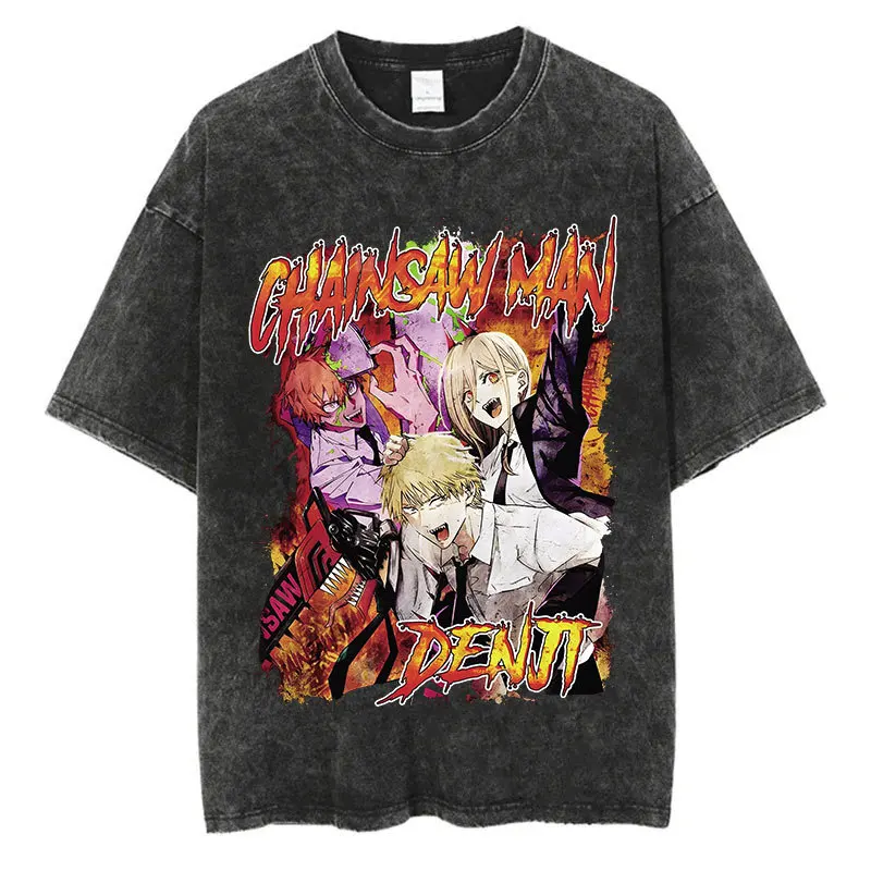 

Anime Chainsaw Man Washed T-Shirt Manga Print Tee Men Women Vintage Casual Cotton Short Sleeve Streetwear Tops