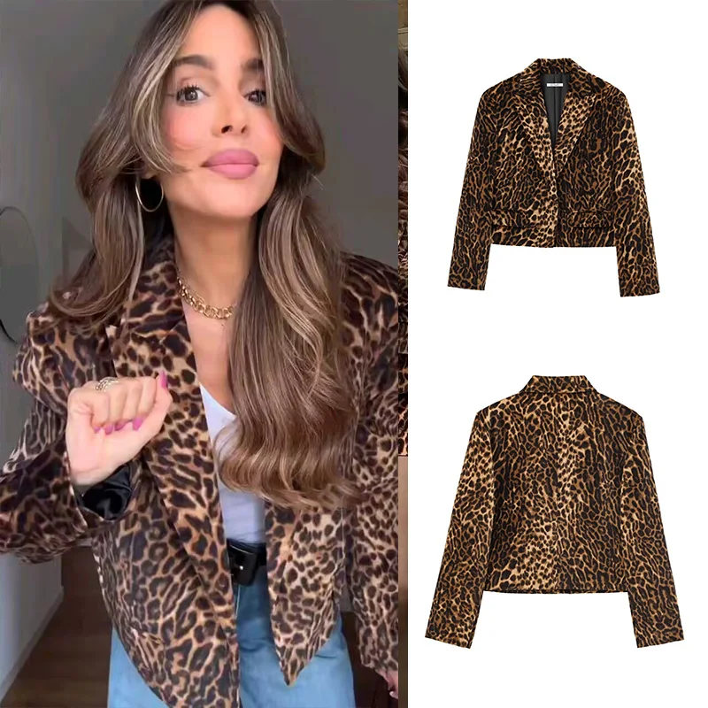 

2025 Autumn Women's Street Trendy Cropped Jacket Windbreaker Leopard Long Sleeves Lapel Fashion Retro Straight Trench Coats