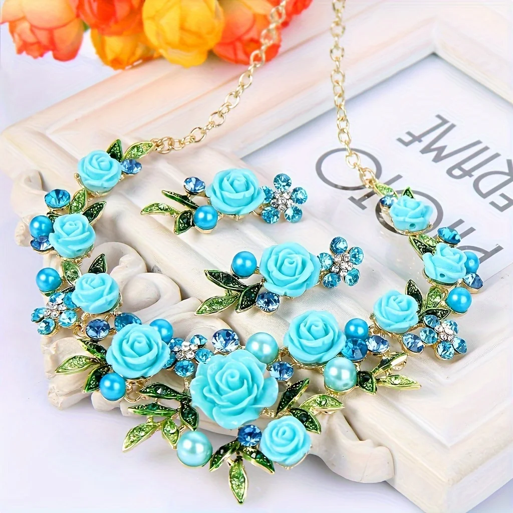 Vedawas 3pcs/set Bohemian rose necklace earrings accessories set，Rhinestones imitation pearl wedding party lady accessories