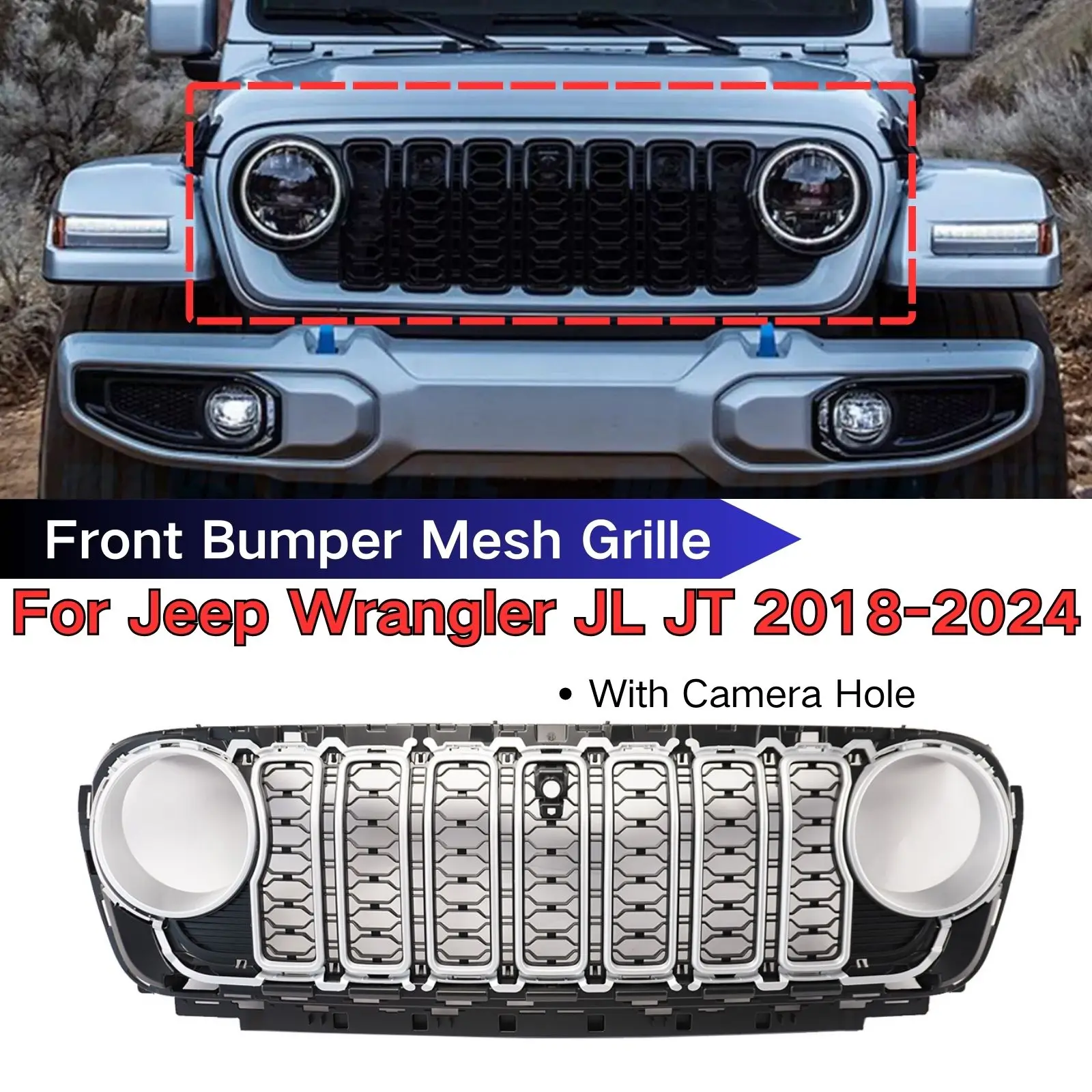 Front Bumper Mesh Grille For Jeep Wrangler JL JT 2018 2019-2024 With Camera Hole Cars Accessories Matte Black Chrome Silver