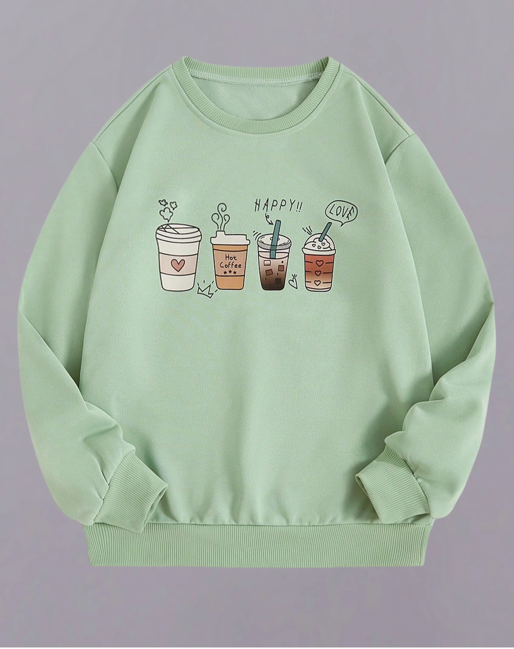 Mint green round neck hoodie girls spring and autumn long sleeves lazy wind coffee milk tea love tea cup printed top