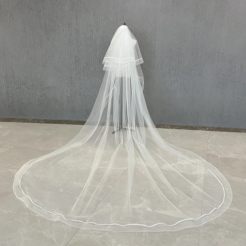 

Mingli Tengda Ivory/White Bridal Veil Two Layers Long Wedding Veil Wrapped Elastic Edge Elegant Lady Cathedral Veil with Comb