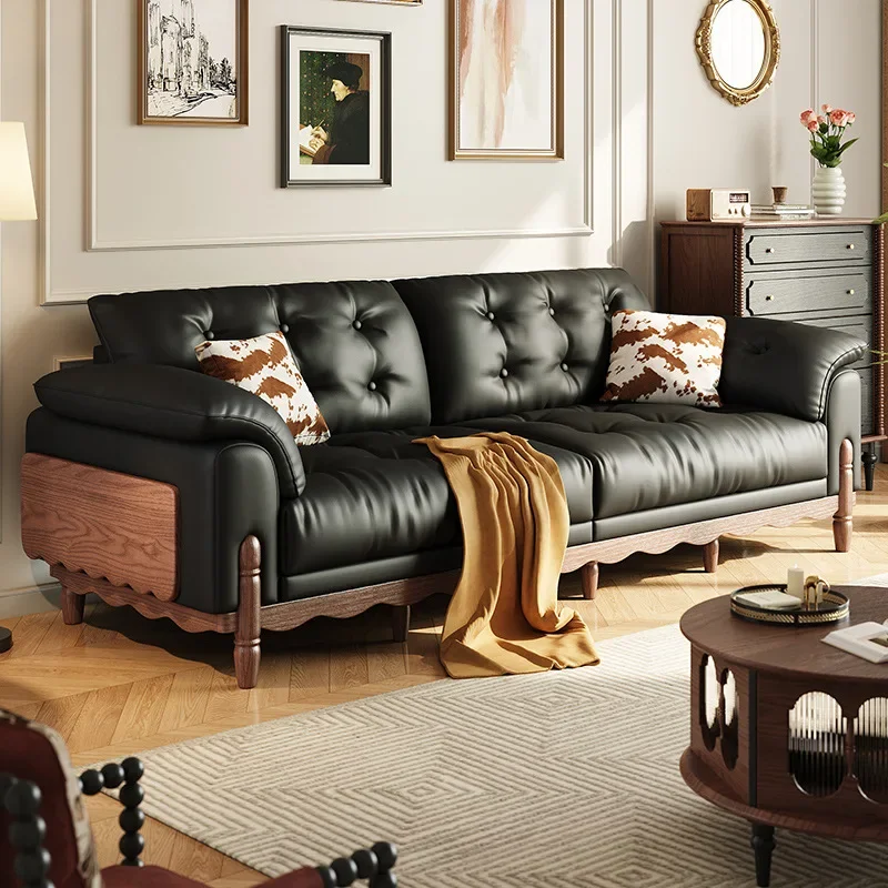 Medieval leather sofa high-end retro style living room small apartment straight row