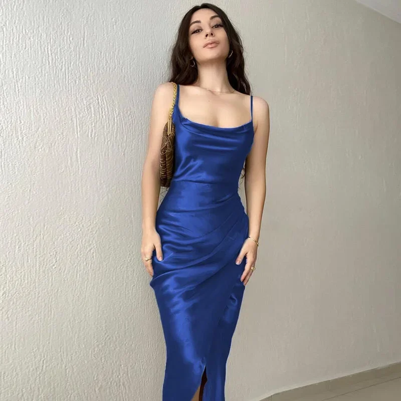 New Silky Satin Low-cut Suspenders Dresses Women Sexy Party Casual Split Hem High Waist Dress Female Slim Fit Backless Long Gown