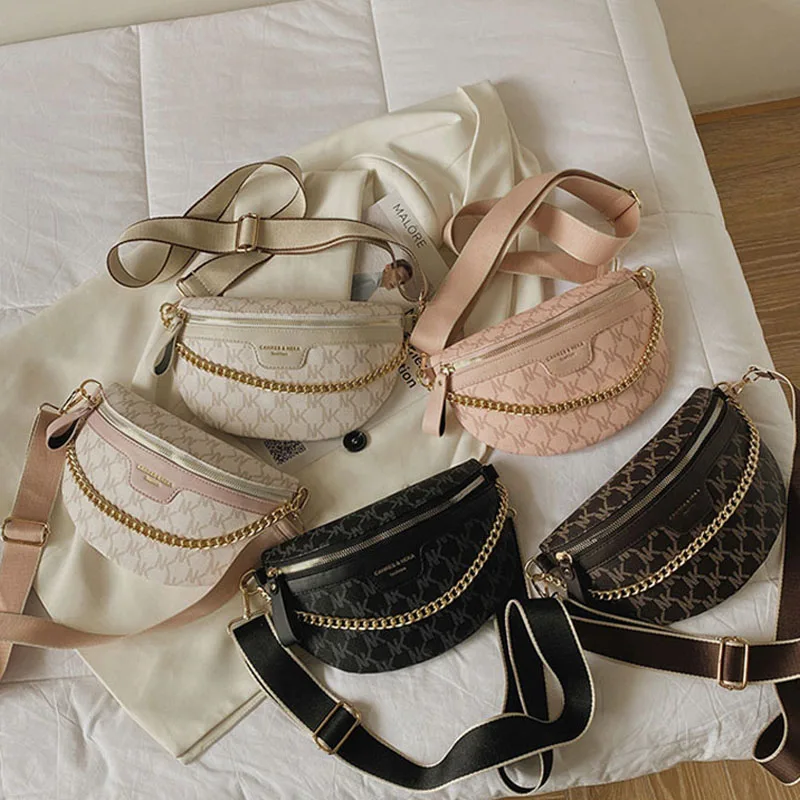 New Women Chain Waist Bag PU Leather Fanny Pack Waist Belt Bag for Luxury Shoulder Crossbody Chest Purses and Handbag