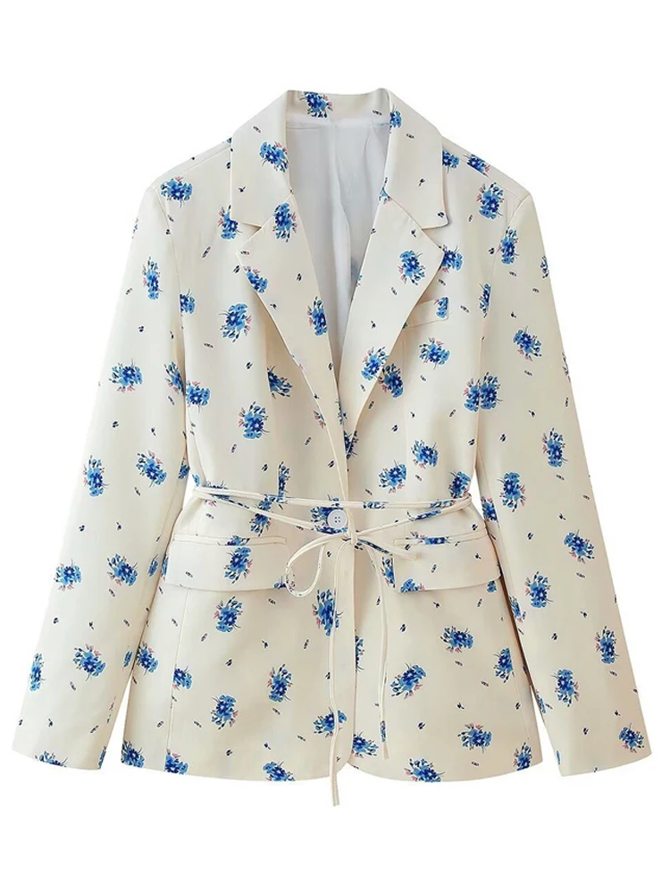 Elegant Floral Blazer with Belted Waist & Shoulder Pads