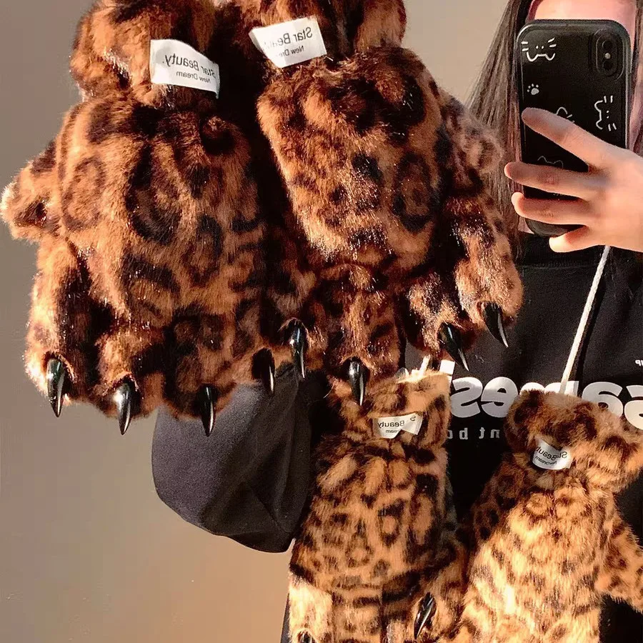 Winter Leopard Leopard Paw Plush Five Finger Gloves for Women Thickened Fleece Lined Warm Cold Proof Cycling Students