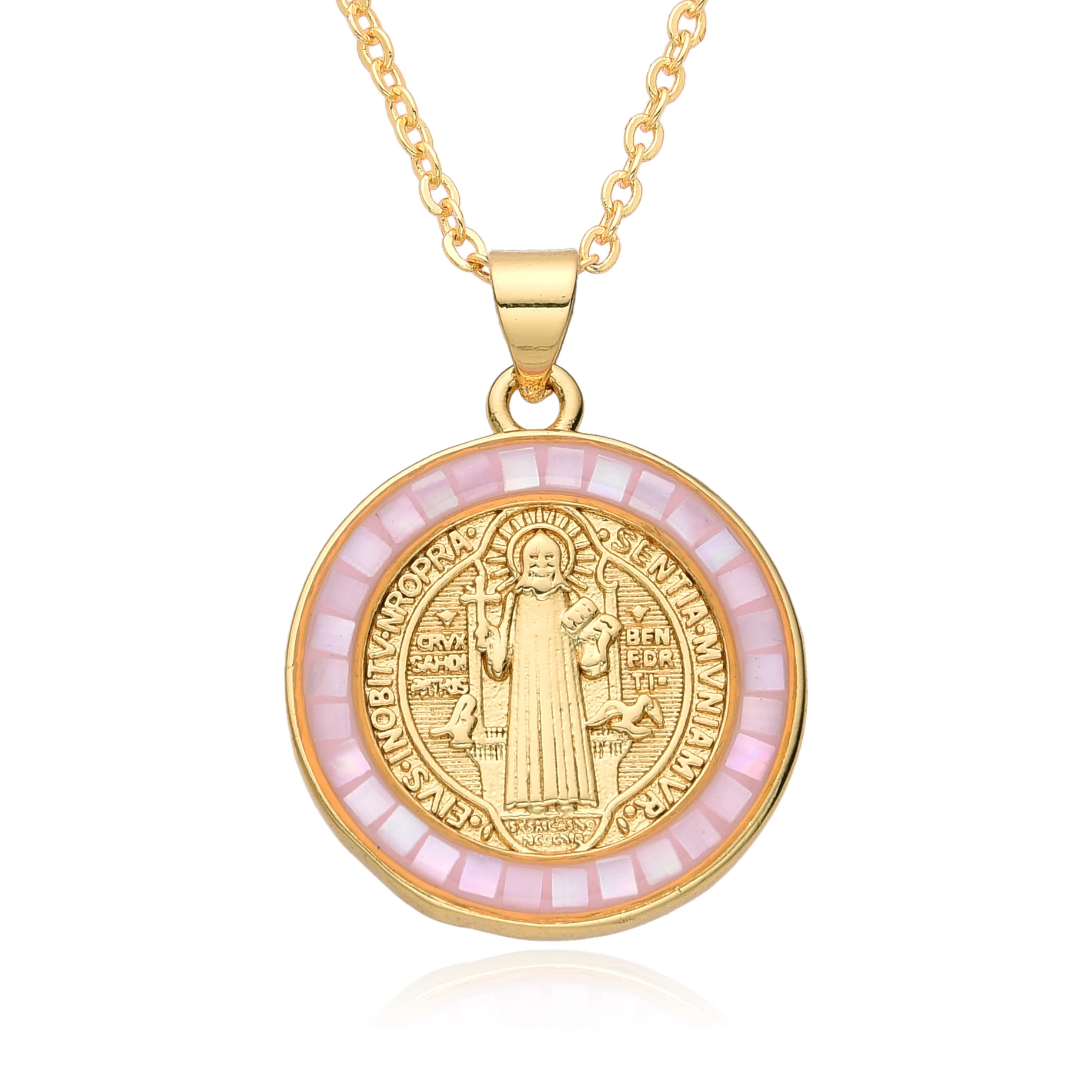 مطلية بالذهب سانت بنديكت جولة سحر الملونة شل حواف بنديكتوس ميدالية قلادة للنساء DIY الكاثوليكية دلاية مجوهرات
