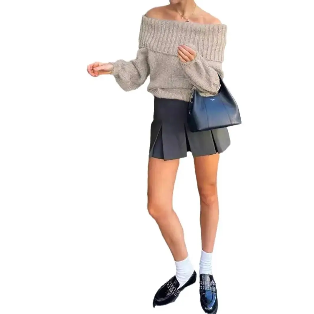 European American Herbst Und Winter frauen Eine Schulter Einfarbig Mode Vielseitig Laterne Hülse Gestrickte Pullover