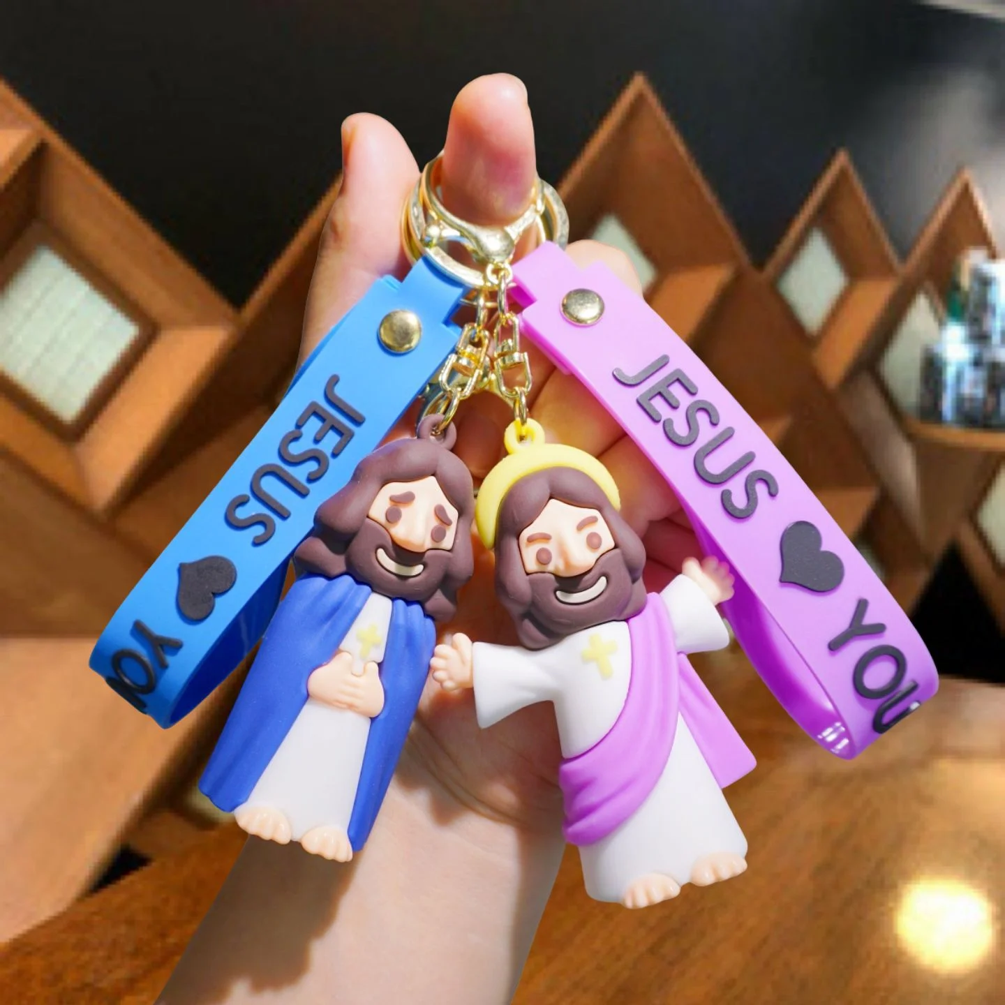 Jesus Cartoon Keychains - Cute Silicone Religious Key Rings with Colorful Straps, Christian Themed Bag/Key Accessories