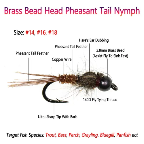 Imagen 2 del producto Bimoo 6PCS # 14 # 16 # 18 cabeza de cuentas de latón cola de faisán Ninfa oreja de liebre hundimiento rápido mosca húmeda trucha lubina Grayling Señuelos de pesca con mosca