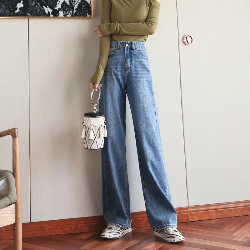 Spring Jeans for Women, Wide Leg Denim Pants, High Waist Trousers, Loose Fit, Trendy and Slimming, Straight Leg Jeans