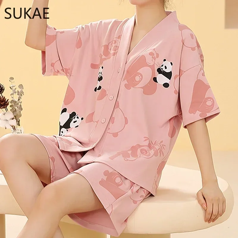 SUKAE M-5XL 여성용 잠옷 세트, 플러드 사이즈, 기모노, 반팔 잠옷, 캐주얼 홈시트, 소녀 V넥 라펠 라운지웨어