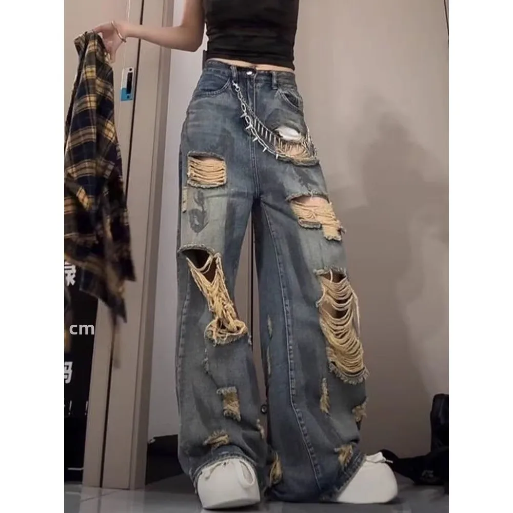 

Large Size Autumn Winter Denim Jeans Women's High Waist Wide Leg Hole Water Waed Draped Floor-Length Pants Trendy Casual Jeans