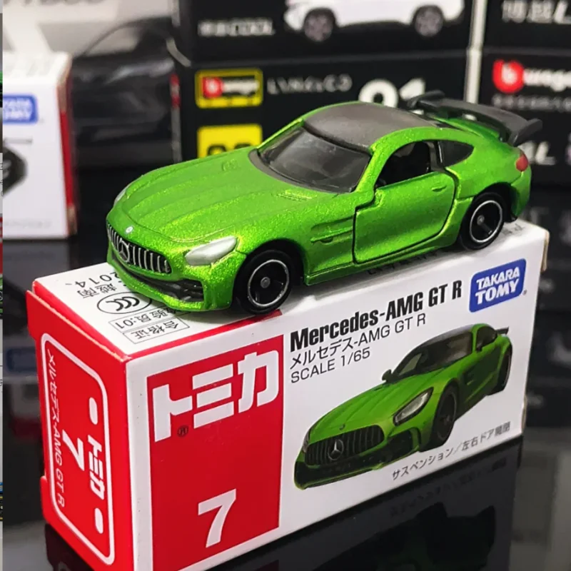 Original Tomica Benz No.7 Amg Gt R Green Demon Diecast Car Model Display Stand Miniature Ornament For Car Handicrafts Lover Gift