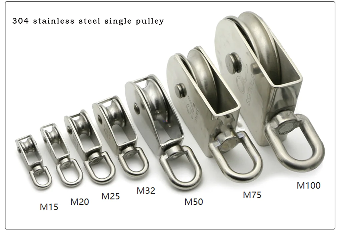 1Pcs 304 Stainless Pulley M15 M20 M25 M32 M50 M75 M100 Single/Double Wheel Rotary Lifting Rope Block Tool Marine Hauling Pulley