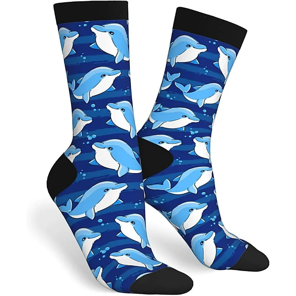 

Симпатичные носки с узором дельфина, синие тонированные носки для экипажа с множеством дизайнов дельфинов, мягкие и идеальные для любителей морских животных