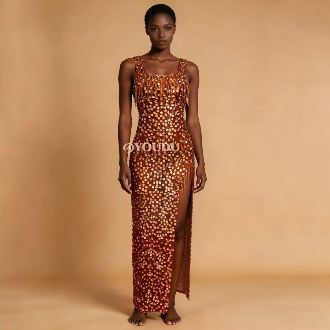 Ganjuqun Sexy Square Neck Fringe Long Dress Rose Gold Rhinestone Embellished High Slit Bodycon Gown For Club Stage Performance