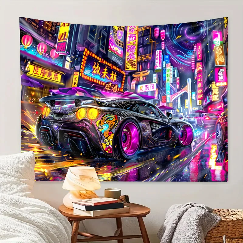 VIKAMA Cyberpunk Neon Sports Car Tapestry Wall Art Decoration Suitable for Living Rooms, Bedrooms, Gaming Rooms and Home Decor