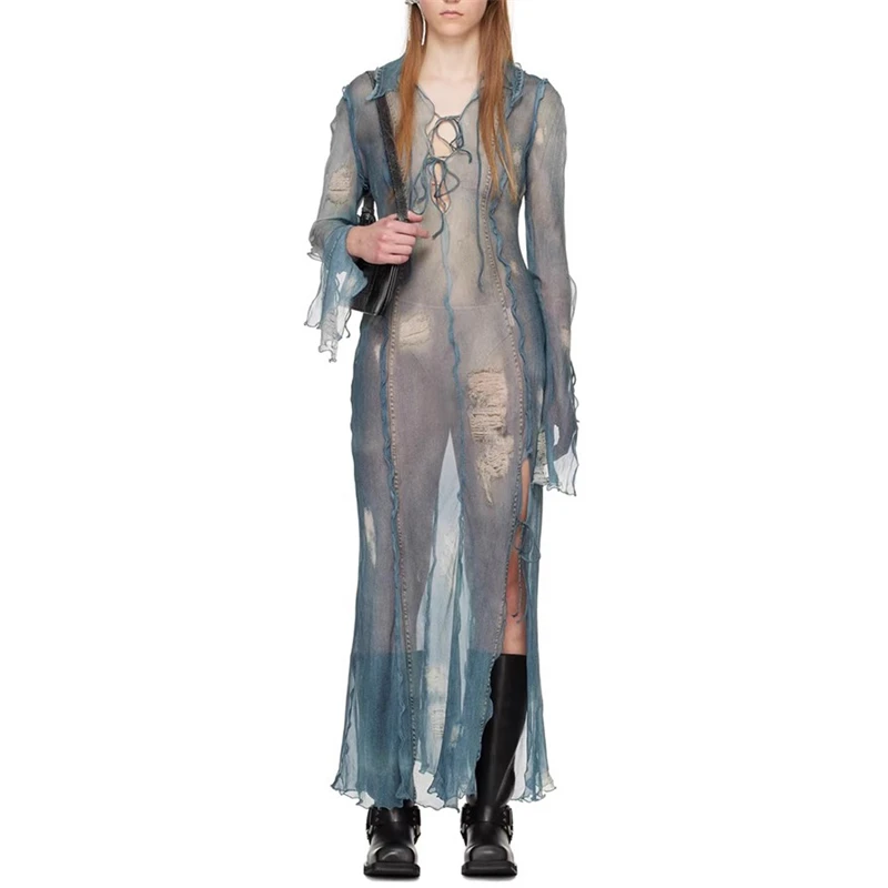 

Summer New women's Mesh see-through light Mint leaf edge long-sleeved Dress y2k fashion Sexy tie-dye torn Hole Casual Long dress