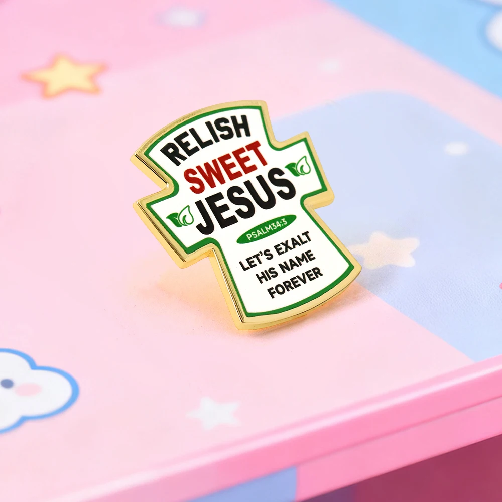 Relish Sweet Jesus Christus Kreuz Emaille-Pin Psalm 34:3 Schrift-Brosche Rucksack- & Jacken-Accessoire Christlicher Schmuck Glaubensgeschenk – Detail 8