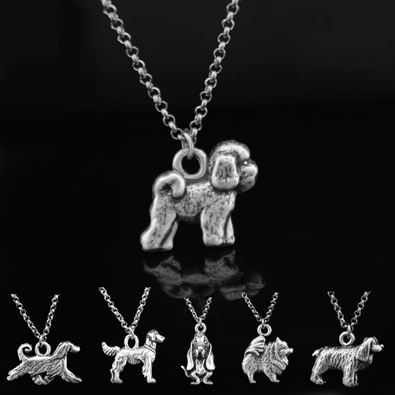 Vintage Silver Color Long Chains Bichon Frise Dog&Pomeranian&Spaniel Charm Pendant Pet Necklace Dogs Necklaces For Women Jewelry