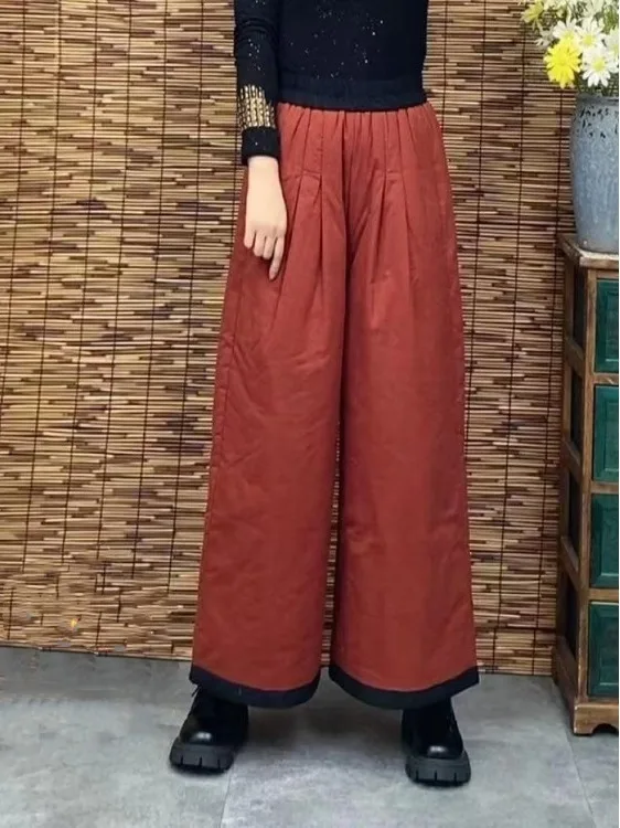 Thiened Wide Leg Pants Women's Loose Fce Elastic Waist Cotton Pants Floral Casual Trousers Ethnic Sle Autumn Winter Ne...