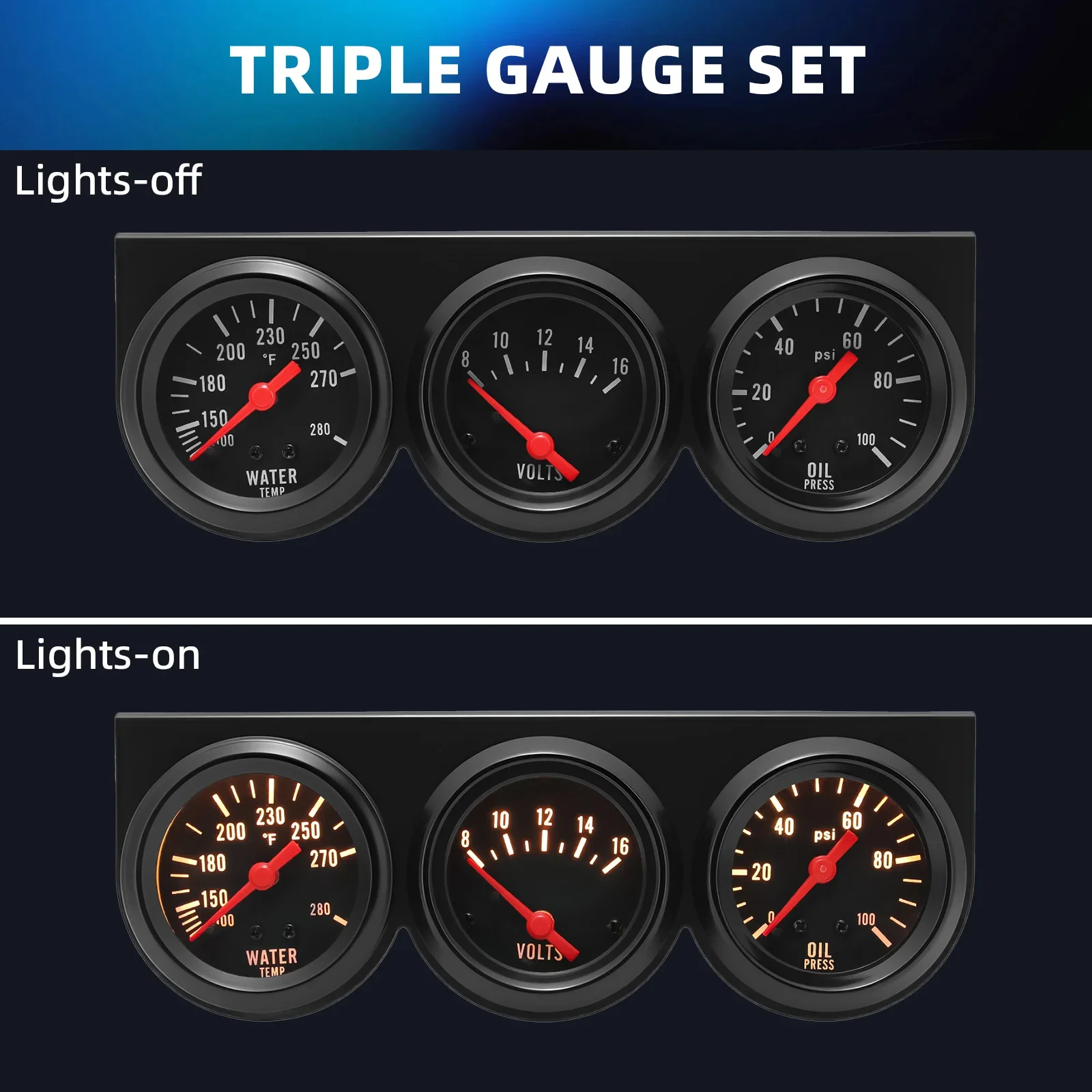 Digital 3 in 1 Triple Gauge Set Water Temp Oil Pressure Voltage Gauge 100-280℉ Water Temp Meter Black/White Gauge For Car 8-16V 5